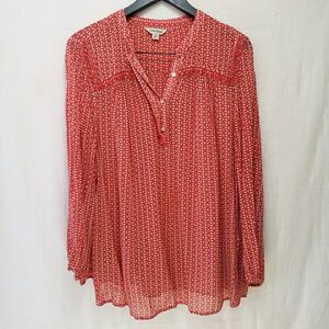 Lucky Brand Shirt Sheer Red Boho Peasant Henley Long Sleeve Floral Print Sz 2X